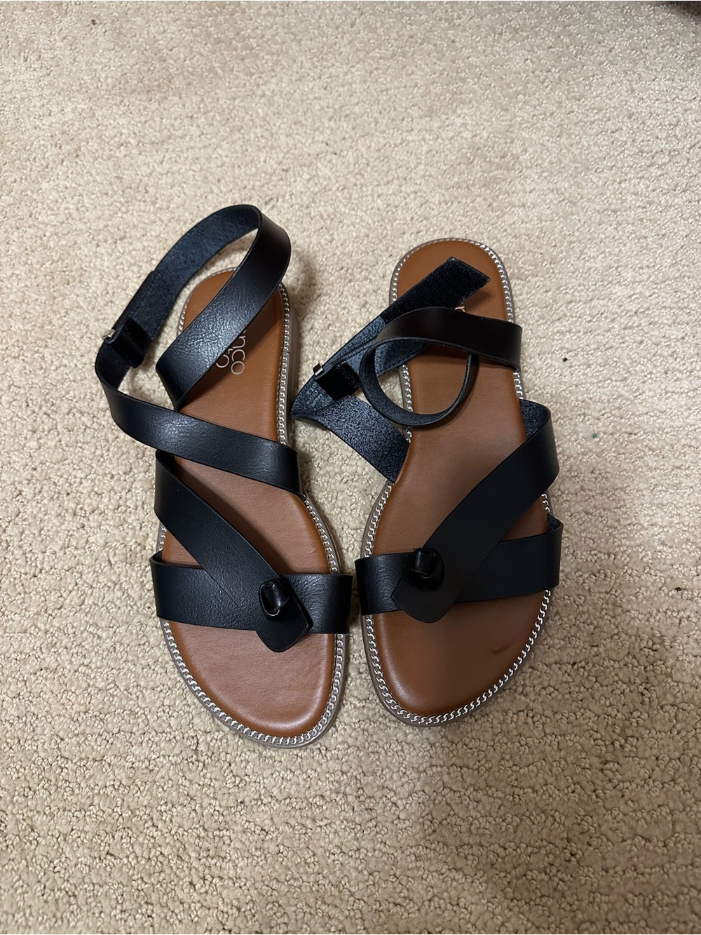 Franco Sarto Black Strappy Toe-Ring Sandals with Brown Footbed